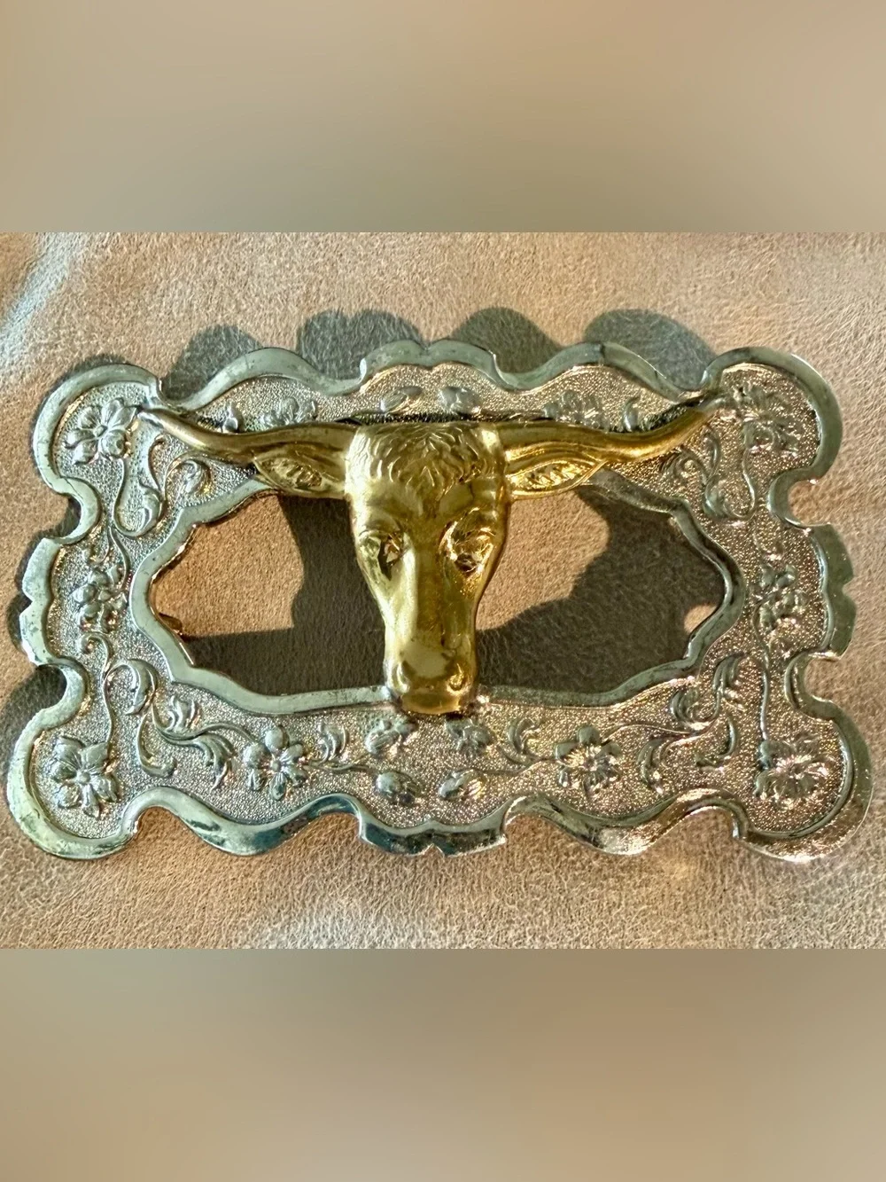 Decorative Longhorn Western Belt Buckle in Gold and Silver Open Center